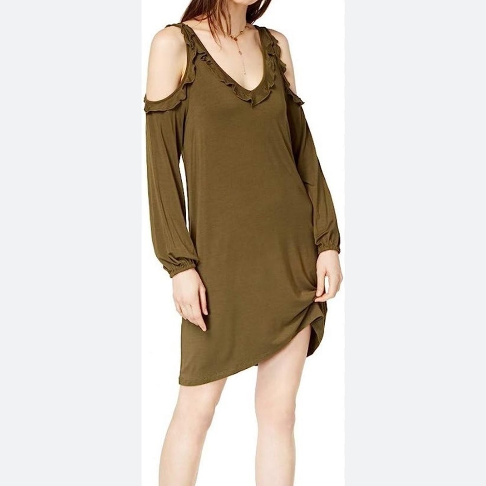 kensie Women's Lightweight Viscose Spandex Dress Cold Shoulder Olive Green Large